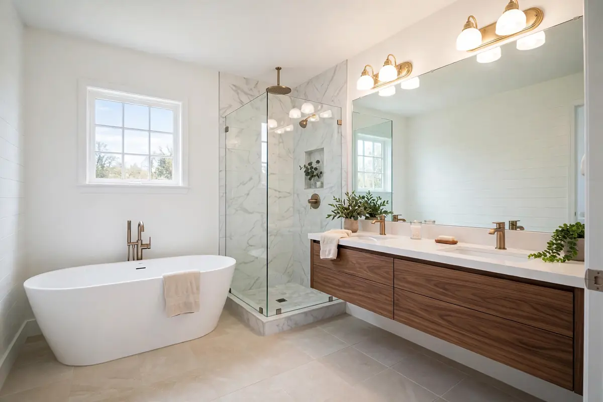 Primary suite remodel: dark 90s bath rebuilt as a bright spa retreat