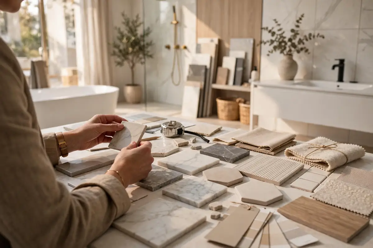 Designer reviewing bathroom tile and material samples with a Tampa homeowner