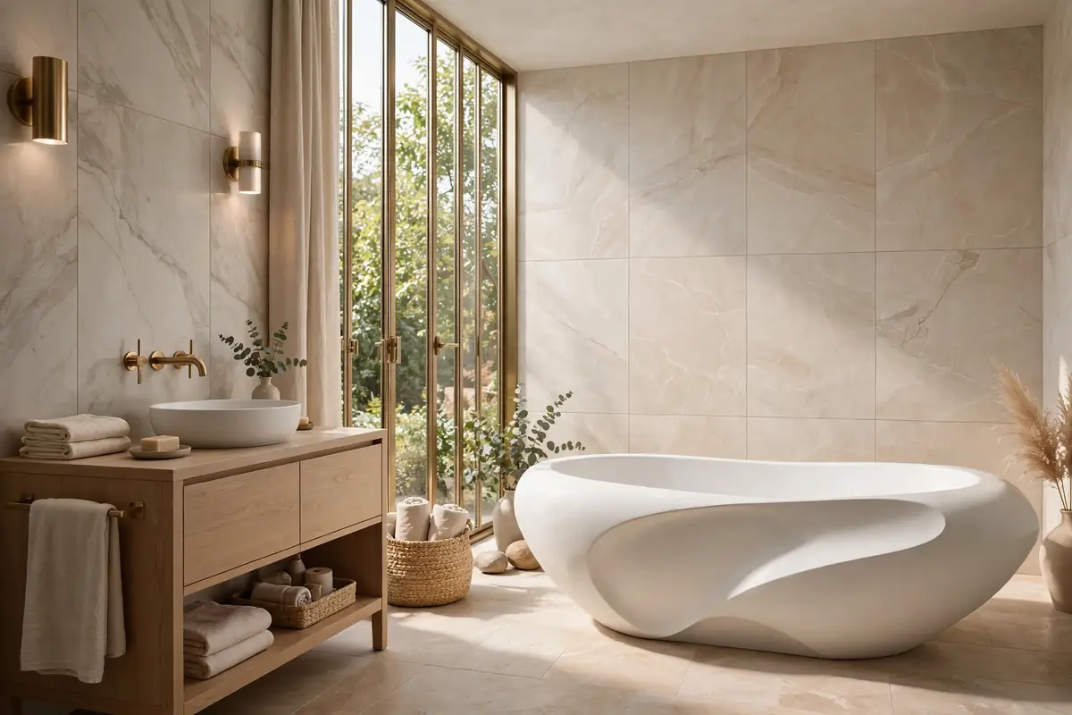 Luxury bathroom remodel in Tampa with freestanding tub and brass fixtures