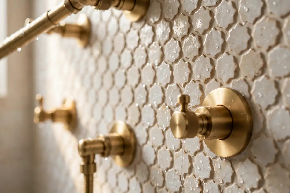 Shower remodel detail with brass fixtures and handmade tile in Tampa
