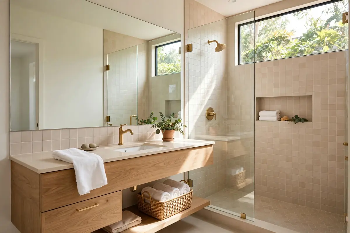 Small bathroom remodel in Tampa with floating vanity and bright design