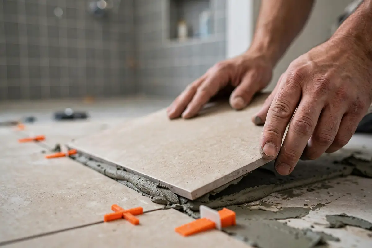 Tile setter laying large-format porcelain bathroom floor tile